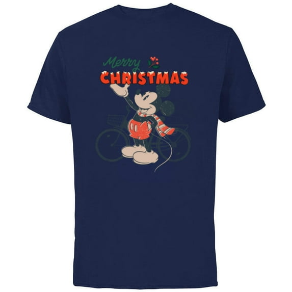 Disney Mickey Mouse Merry Christmas Bicycle Retro Distressed - Short Sleeve Cotton T-Shirt for Adults - Customized-Navy