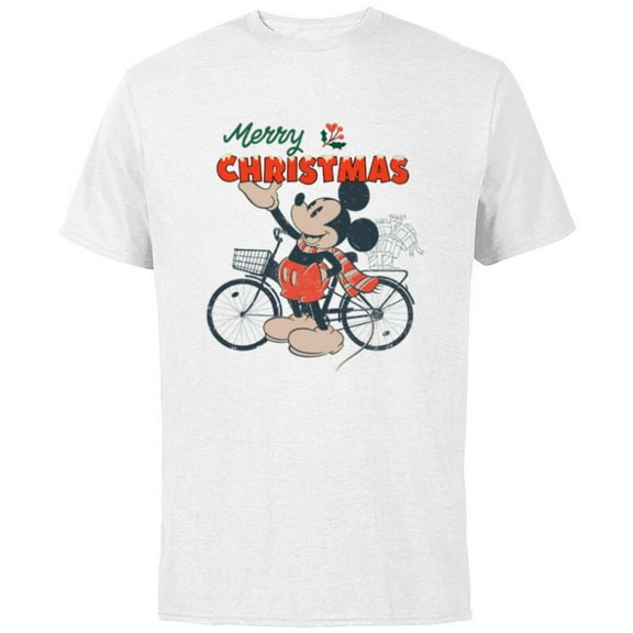 Disney Mickey Mouse Merry Christmas Bicycle Retro Distressed - Short Sleeve Cotton T-Shirt for Adults - Customized-White