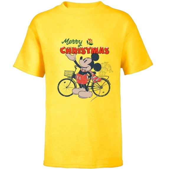 Disney Mickey Mouse Merry Christmas Bicycle Retro Distressed - Short Sleeve T-Shirt for Kids - Customized-Yellow