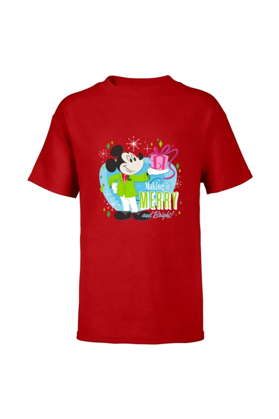 Mickey Mouse Merry and Bright Holiday - Short Sleeve T-Shirt for Kids - Customized-Red