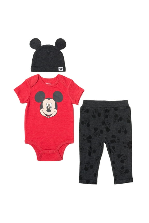 Mickey Mouse Newborn Baby Boy or Girl Bodysuit Pants and Hat 3 Piece Outfit Set Newborn to Infant
