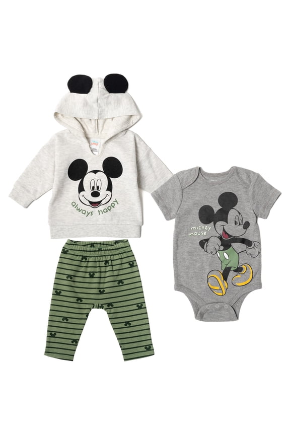 Mickey Mouse Newborn Baby Boy or Girl Fleece Pullover Hoodie Bodysuit and Pants 3 Piece Outfit Set Newborn to Infant