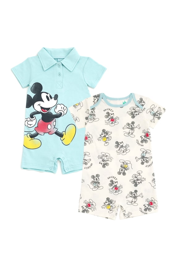 Mickey Mouse Newborn Baby Boys 2 Pack Rompers Blue / White Big Pose Newborn