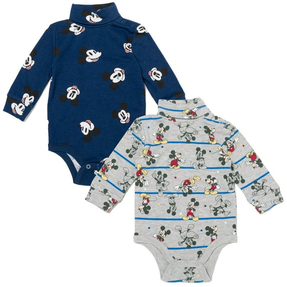 Disney Mickey Mouse Newborn Baby Boys 2 Pack Turtleneck Bodysuits Newborn to Infant