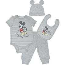 Disney Mickey Mouse Newborn Baby Boys 4 Piece Outfit Set: Bodysuit Pants Bib Hat White/Gray 6-9 Months