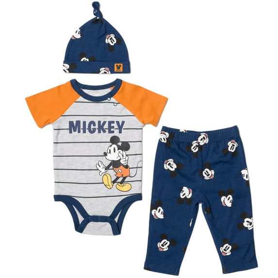 Disney Mickey Mouse Newborn Baby Boys Bodysuit Pants and Hat 3 Piece Outfit Set Newborn to Infant