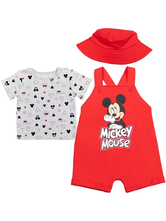 Mickey Mouse Baby Boys' Tee and Shortall Set with Bucket Hat Red