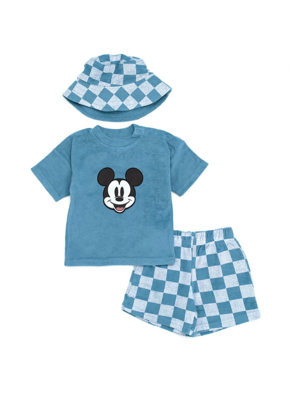 Disney Mickey Mouse Newborn Baby Boys T-Shirt Shorts and Hat 3 Piece Newborn to Infant