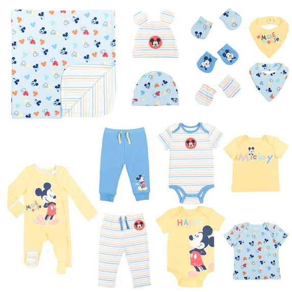 Disney Mickey Mouse Newborn Baby Zip Up Coverall Bodysuits Layette Set, 0-6 Months, 15 Piece