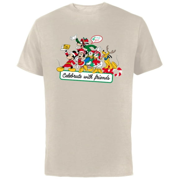 Disney Mickey Mouse & Pals Celebrate with Friends Christmas - Short Sleeve Cotton T-Shirt for Adults - Customized-Natural