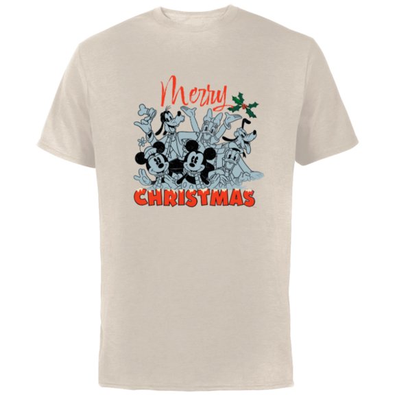 Disney Mickey Mouse & Pals Merry Christmas Retro Distressed - Short Sleeve Cotton T-Shirt for Adults - Customized-Natural