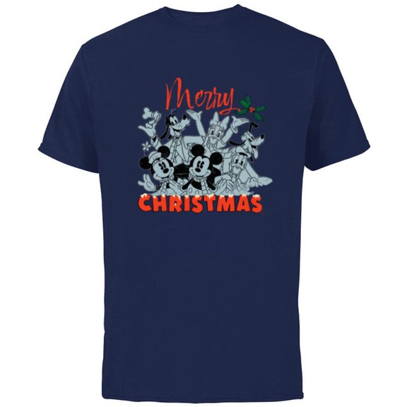 Disney Mickey Mouse & Pals Merry Christmas Retro Distressed - Short Sleeve Cotton T-Shirt for Adults - Customized-Navy