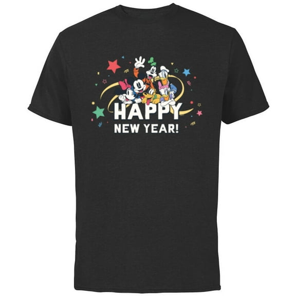 Disney Mickey Mouse & Pals Retro Happy New Year Celebration - Short Sleeve Cotton T-Shirt for Adults - Customized-Black