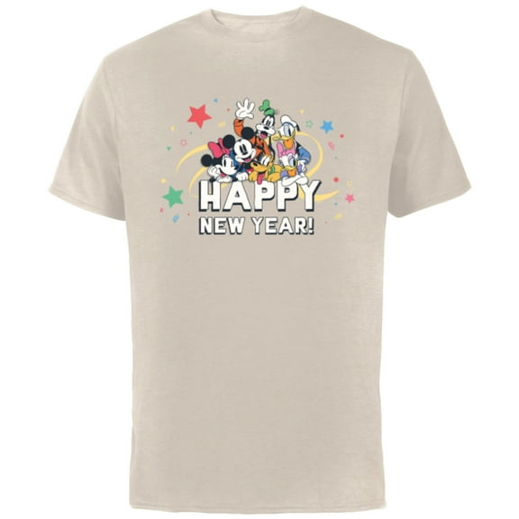 Disney Mickey Mouse & Pals Retro Happy New Year Celebration - Short Sleeve Cotton T-Shirt for Adults - Customized-Natural