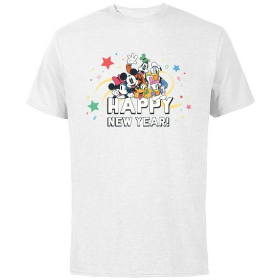 Disney Mickey Mouse & Pals Retro Happy New Year Celebration - Short Sleeve Cotton T-Shirt for Adults - Customized-White