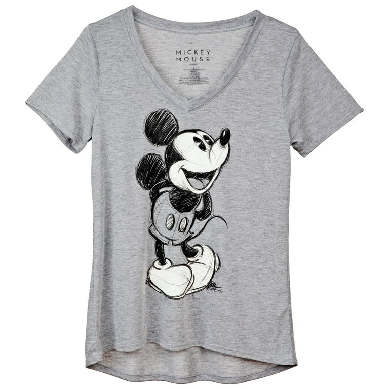 Disney Mickey Mouse Pencil Sketch Juniors V-Neck T-Shirt-Large
