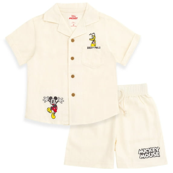 Disney Mickey Mouse Pluto Linen Matching Family Button Down Shirt and Shorts Outfit Set Infant to Little Kid