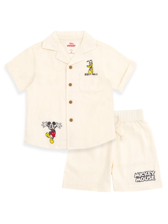 Mickey Mouse Pluto Linen Matching Family Button Down Shirt and Shorts Outfit Set Infant to Little Kid