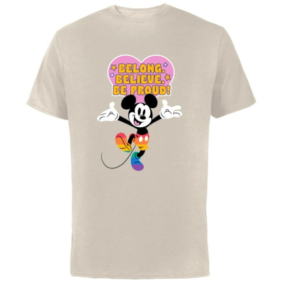 Disney Mickey Mouse Pride Rainbow Belong Believe Be Proud! - Short Sleeve Cotton T-Shirt for Adults - Customized-Natural