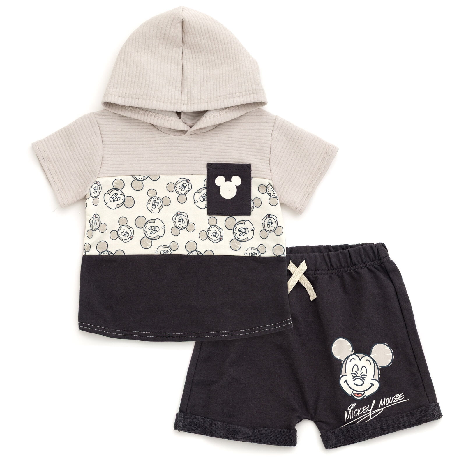 Disney Mickey Mouse Baby Boys' 2-Piece Hooded Tee and Shorts Set Dark Grey Mickey