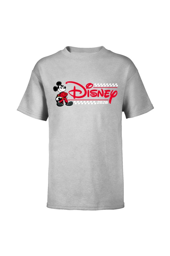 Mickey Mouse Race Car Driver Racing Flag Logo 2026 - Short Sleeve T-Shirt for Kids - Customized-Athletic Heather