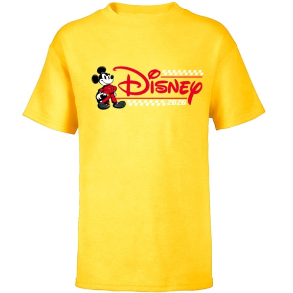 Disney Mickey Mouse Race Car Driver Racing Flag Logo 2026 - Short Sleeve T-Shirt for Kids - Customized-Yellow
