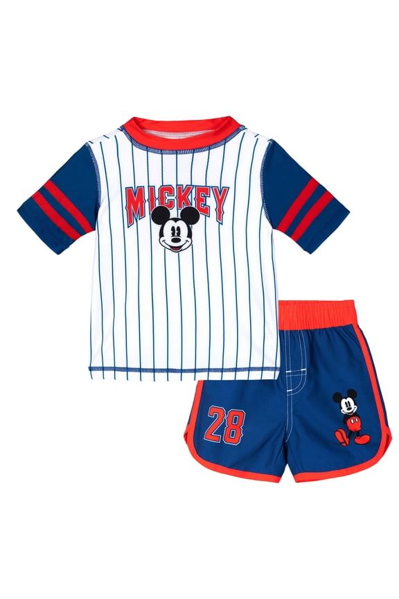 Mickey Mouse Toddler Boys' Swimwear 2-Piece Rash Guard and Swim Trunks Set White Mickey Mouse