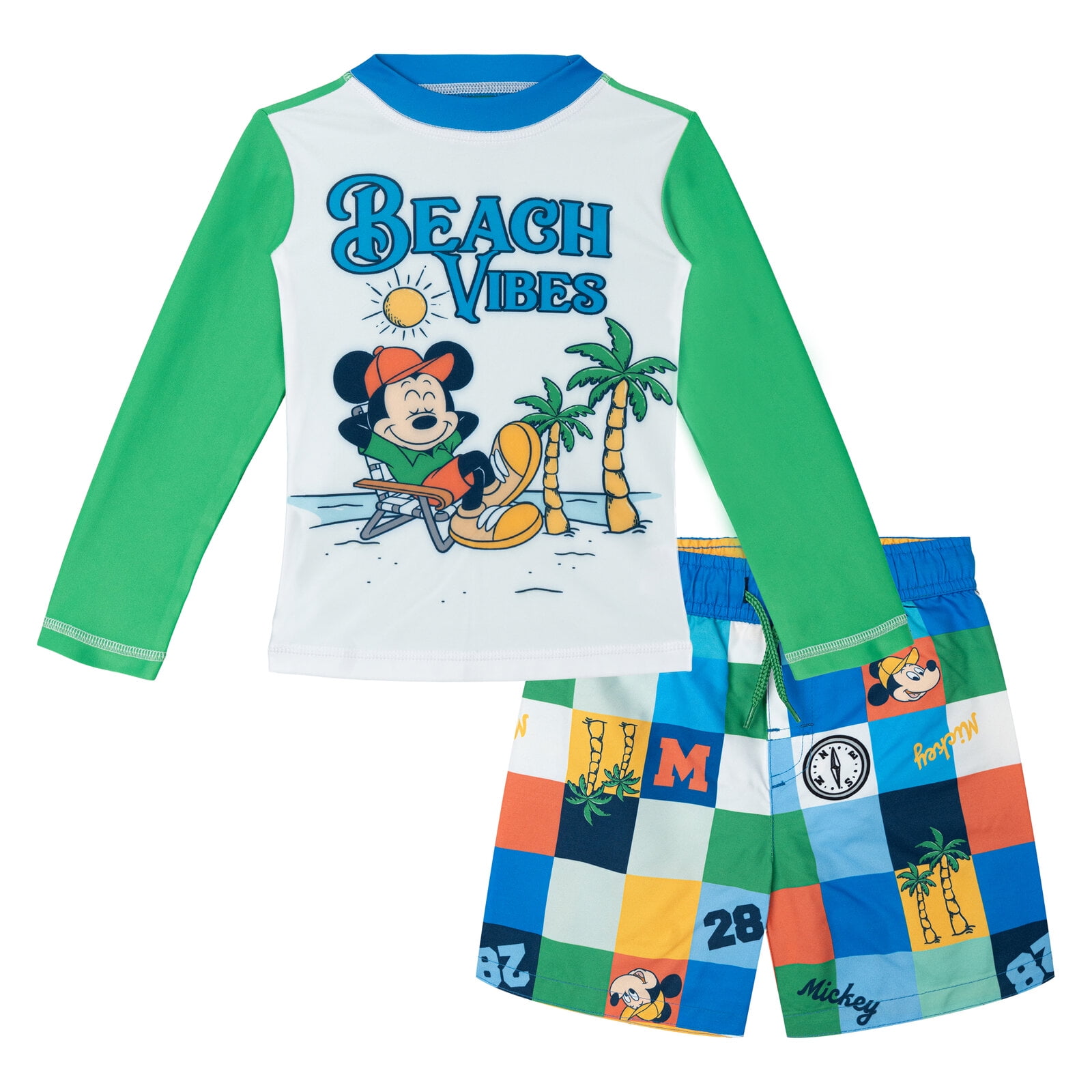 Disney Mickey Mouse Little Boys' Swimwear 2-Piece Rash Guard and Swim Trunks Set Mickey Beach Green
