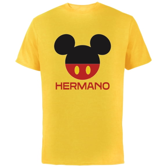 Disney Mickey Mouse Red Shorts Icon Hermano Familia Spanish- Short Sleeve Cotton T-Shirt for Adults - Customized-Yellow