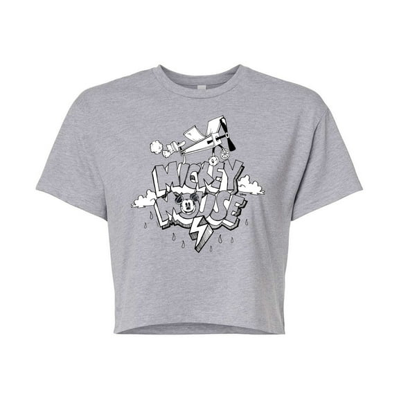 Disney - Mickey Mouse - Retro Style Black & White Cartoon - Juniors Cropped Cotton Blend T-Shirt