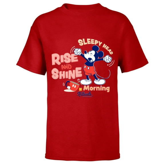 Disney Mickey Mouse Rise and Shine Morning Rituals - Short Sleeve T-Shirt for Kids - Customized-Red