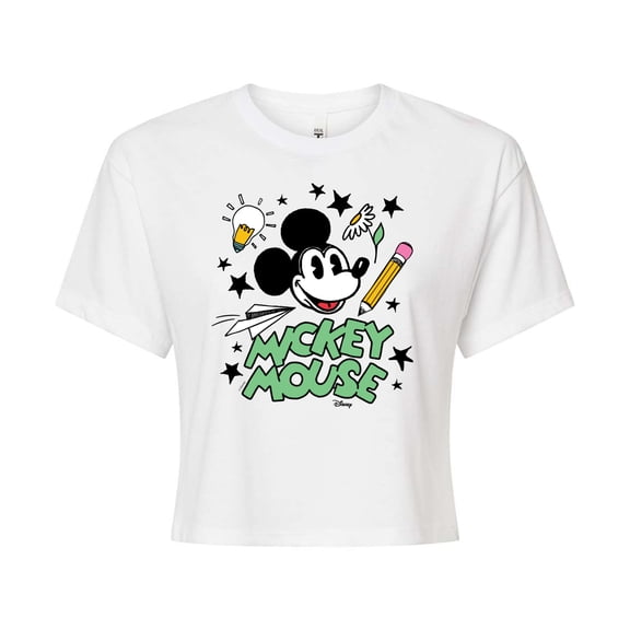 Disney - Mickey Mouse - School Doodles - Juniors Cropped Cotton Blend T-Shirt