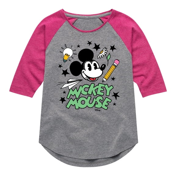 Disney - Mickey Mouse - School Icons - Toddler & Youth Girls Raglan Graphic T-Shirt
