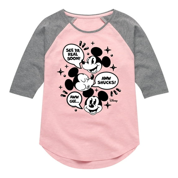 Disney - Mickey Mouse - See Ya Soon!, Aww Shucks!, Aww Gee - Toddler & Youth Girls Raglan Graphic T-Shirt