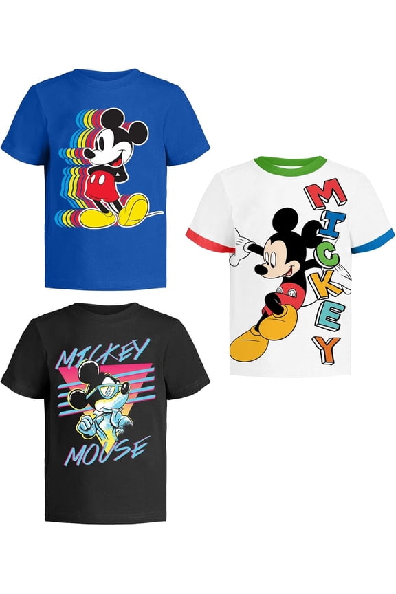 Mickey Mouse Fantasia T Shirt for Kids, Toddler Boys Clothes, Blue/White/Black, 3 Pack