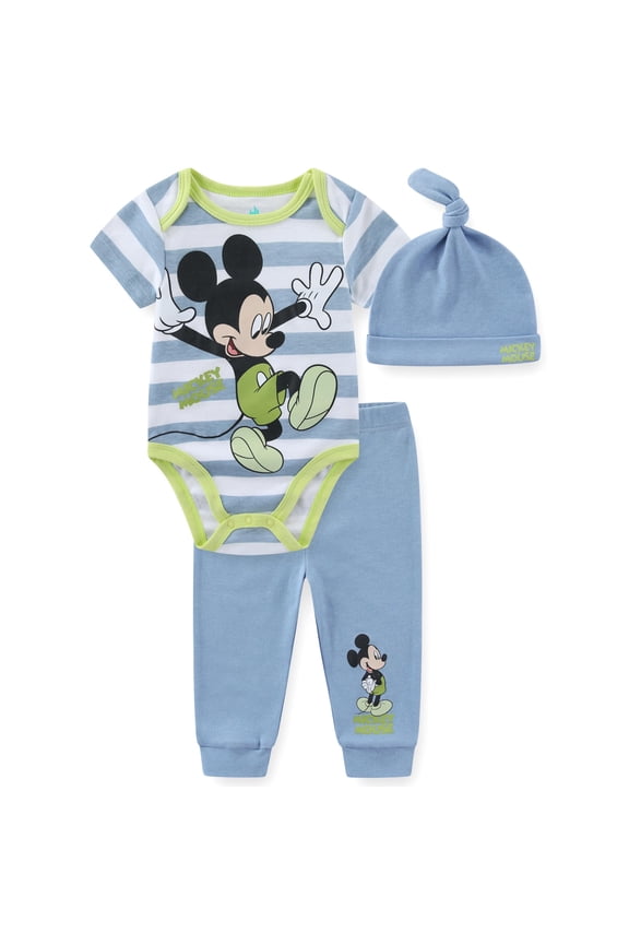 Mickey Mouse Short Sleeve Bodysuit with Hat and Pants Set (Baby Boys), 3 Piece Set, Sizes 3M-9M