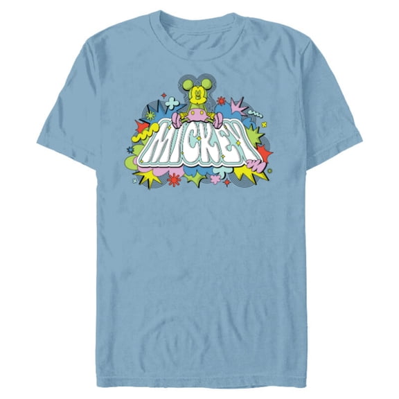 Disney Mickey Mouse Sitting Down on Name Retro Pop Art - Short Sleeve Blended T-Shirt for Adults - Customized-Ocean Blue