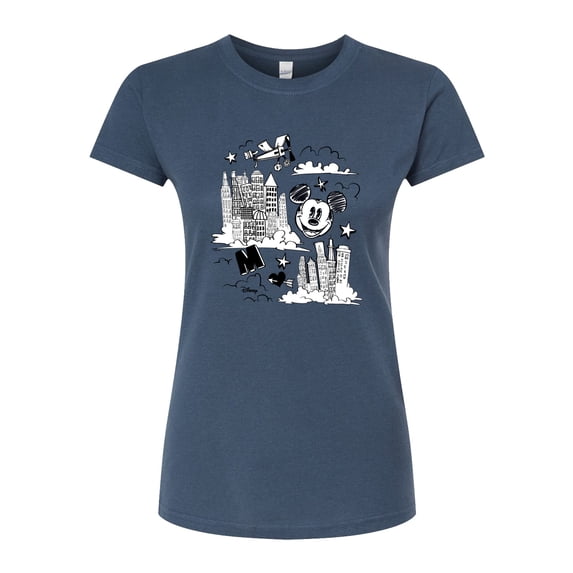 Disney - Mickey Mouse - Skyscraper, Airplanes, & Clouds Sketch - Juniors Fitted Graphic T-Shirt