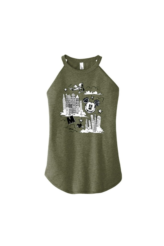- Mickey Mouse - Skyscraper, Airplanes, & Clouds Sketch - Juniors High Neck Tank Top