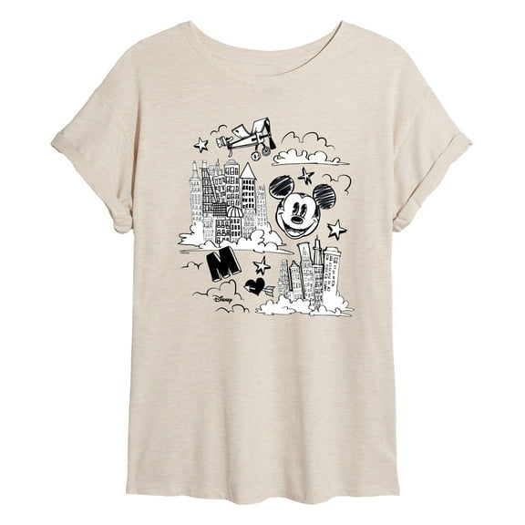Disney - Mickey Mouse - Skyscraper, Airplanes, & Clouds Sketch - Women's Oversized T-Shirt