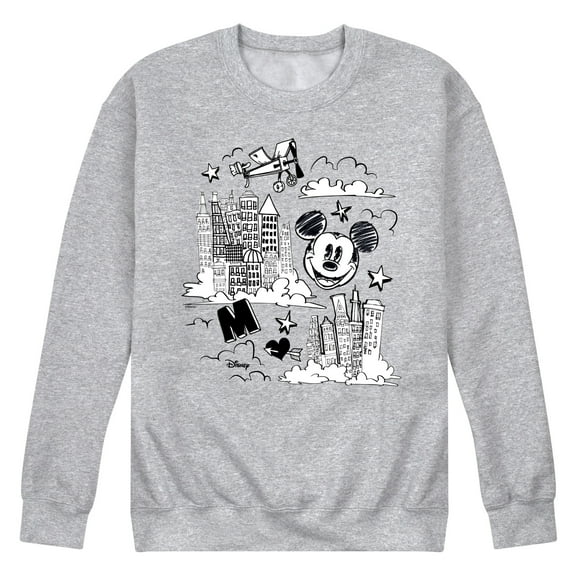 Disney - Mickey Mouse - Skyscraper, Airplanes, & Clouds Sketch - Men's Crew Neck Fleece Pullover