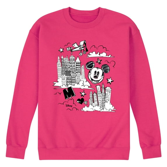 Disney - Mickey Mouse - Skyscraper, Airplanes, & Clouds Sketch - Men's Crew Neck Fleece Pullover