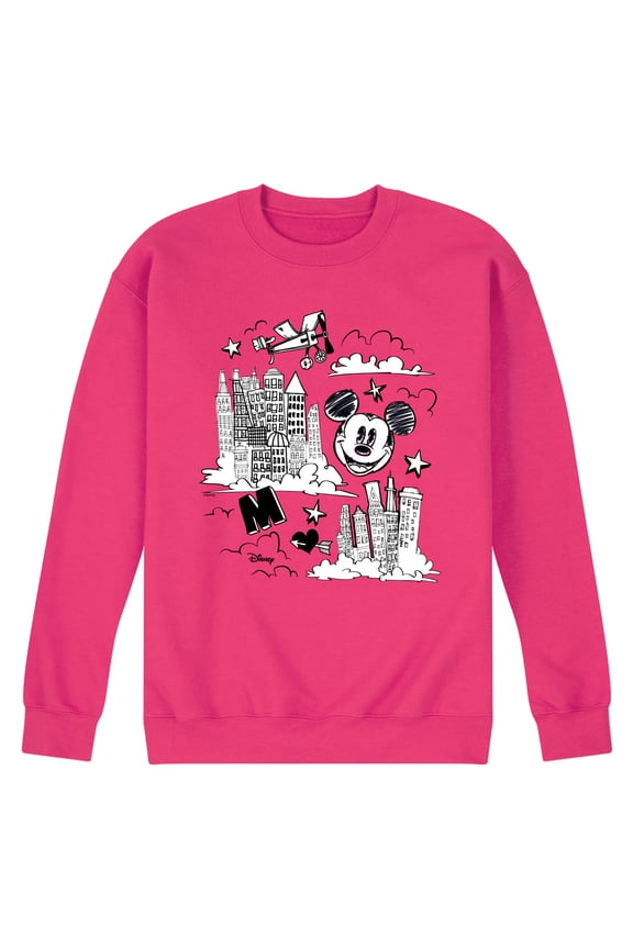 - Mickey Mouse - Skyscraper, Airplanes, & Clouds Sketch - Men's Crew Neck Fleece Pullover