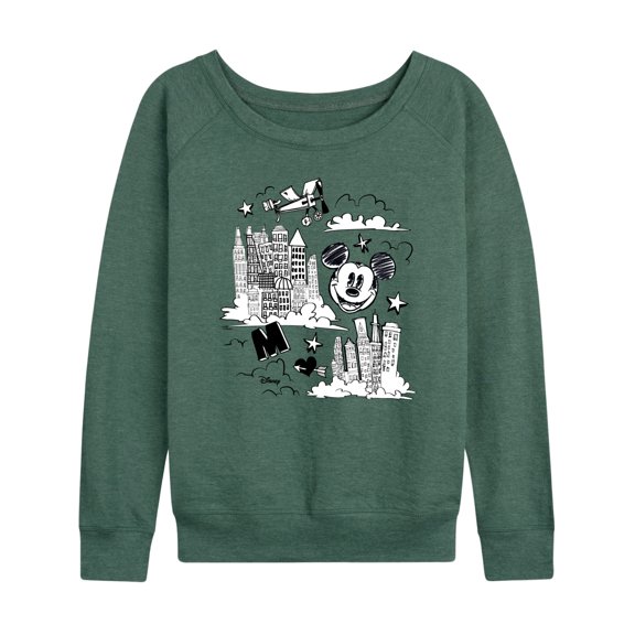 Disney - Mickey Mouse - Skyscraper, Airplanes, & Clouds Sketch - Women's Lightweight French Terry Long Sleeve Shirt