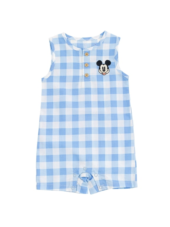 Mickey Mouse Baby Boys' Sleeveless One Piece Romper Gingham Blue