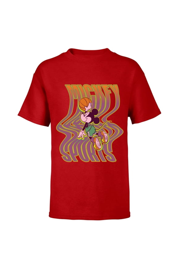 Mickey Mouse Sports Basketball Dunk Wavy Letters - Short Sleeve T-Shirt for Kids - Customized-Red