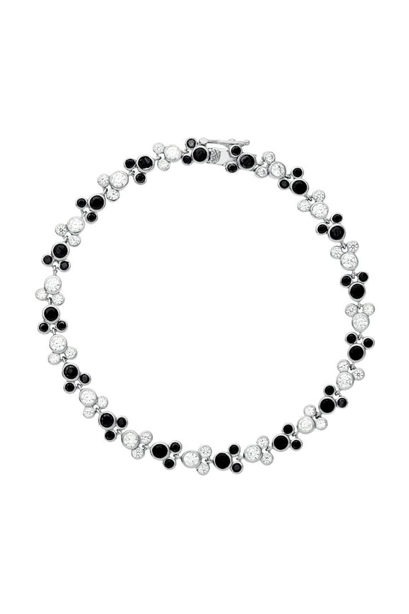 Mickey Mouse Sterling Silver Black and Clear Cubic Zirconia Bracelet, 7.5"