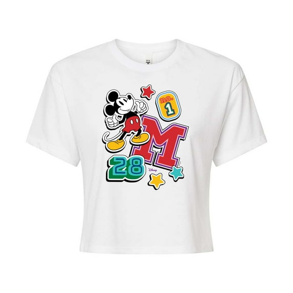 Disney - Mickey Mouse - Stitched Collegiate Patches - Juniors Cropped Cotton Blend T-Shirt