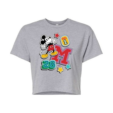 Disney - Mickey Mouse - Stitched Collegiate Patches - Juniors Cropped Cotton Blend T-Shirt