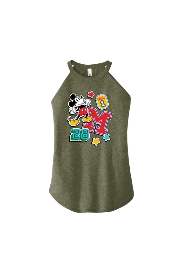 - Mickey Mouse - Stitched Collegiate Patches - Juniors High Neck Tank Top